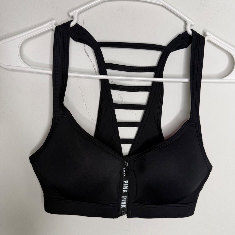 M2 PINK Victoria's Secret Ultimate Push Up Sports Bra Black Front Zip Strappy XS